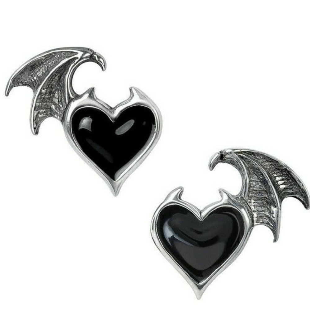 Alchemy Gothic Demon Winged Black Heart Earrings